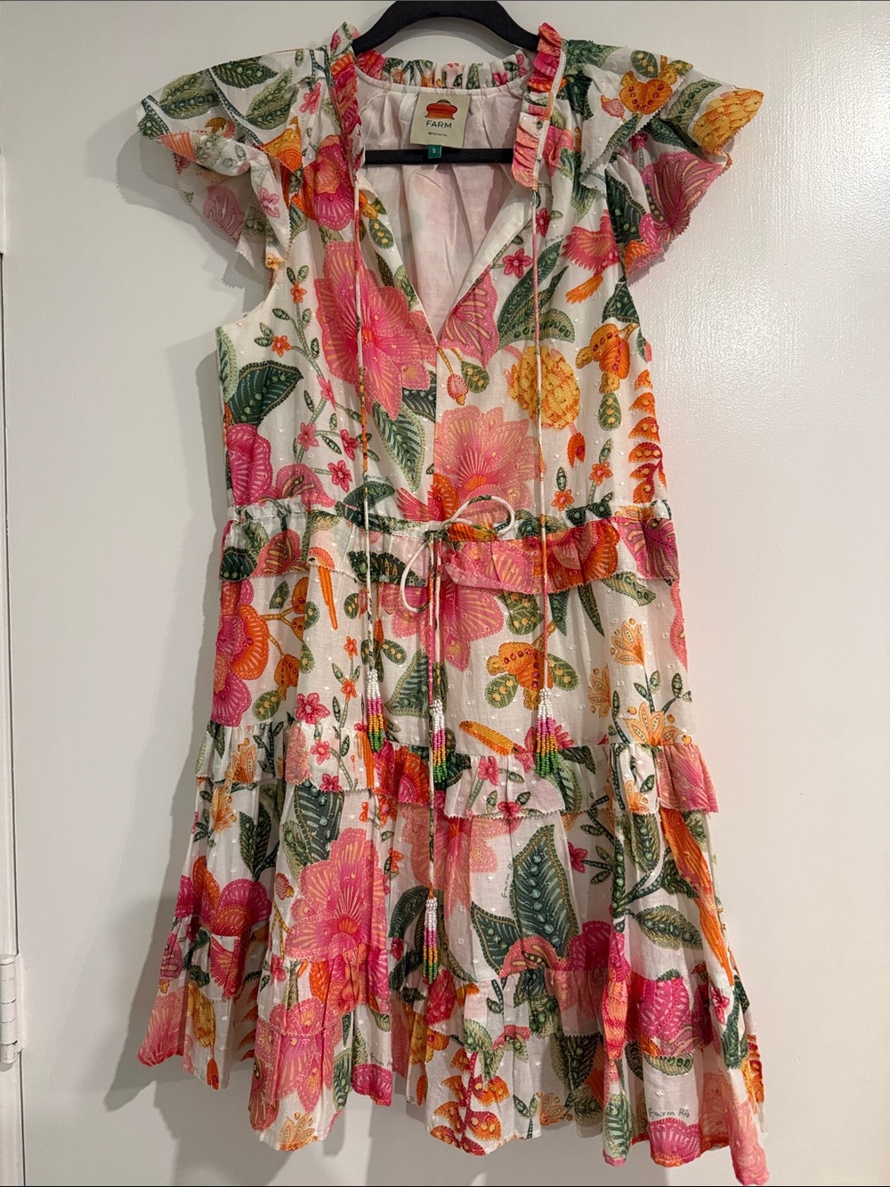 FARM Rio Pink, Orange & Green Floral Tiered Mini Dress with Ruffle Shoulders